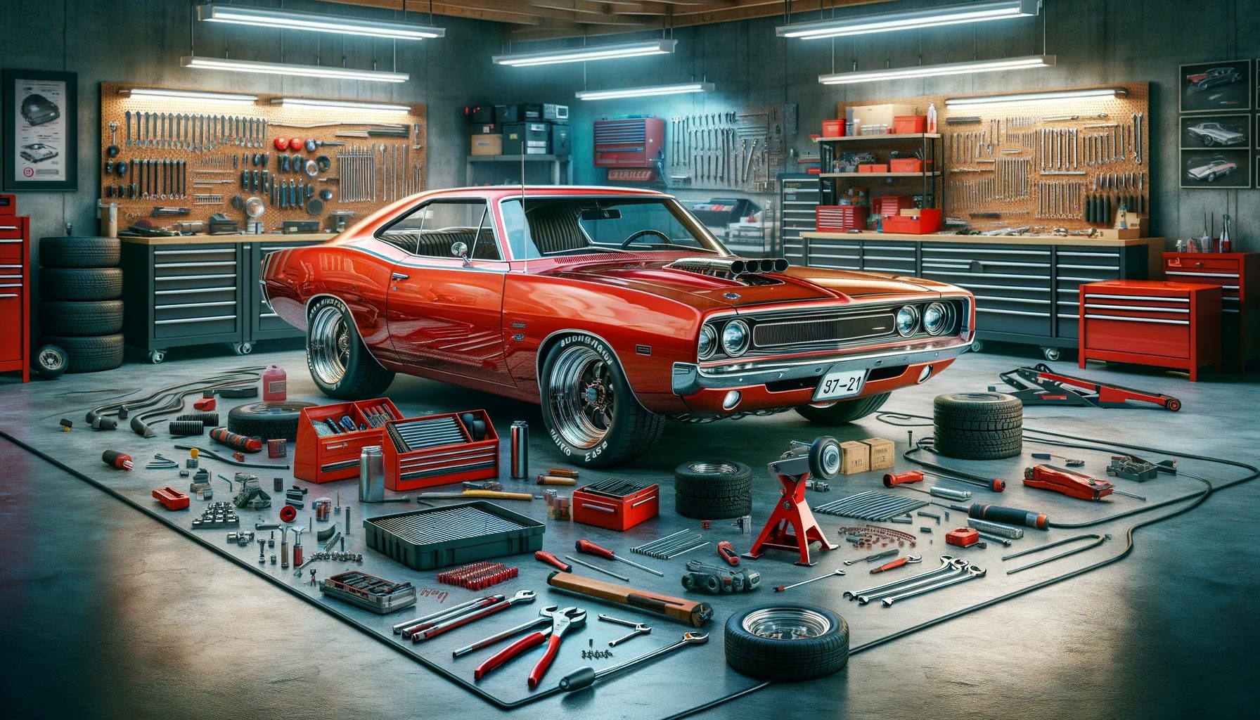 A classic muscle car being detailed in a garage — a B-Quiet sound deadening project